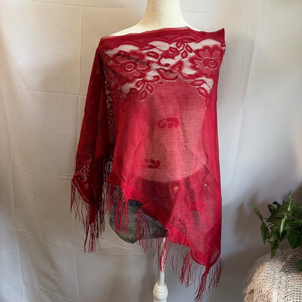 Y2K Fall Lace Shawl Wrap with Fringe Trim Sheer Mesh Evening Scarf